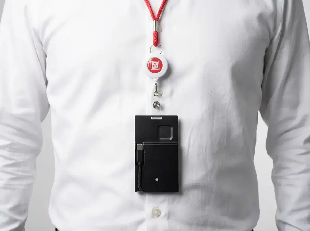 Black zippered holder hanging from a red lanyard over a white shirt